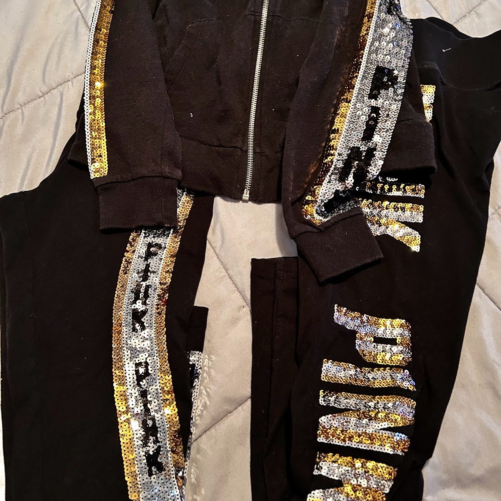 Black Sequin Tracksuit with Gold and Silver Accents pink Victoria’s secret’s set